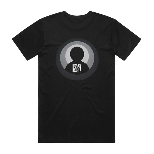 Black t-shirt with a circular design featuring a QR code on a white background