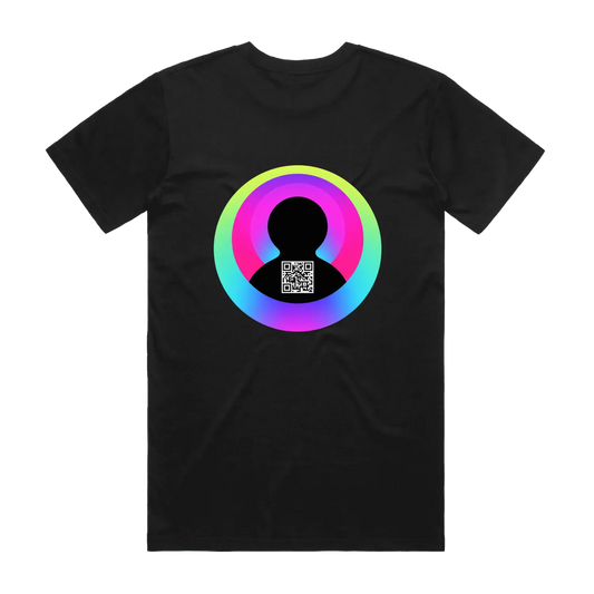 Black t-shirt with a colorful circular design featuring a QR code on a white background
