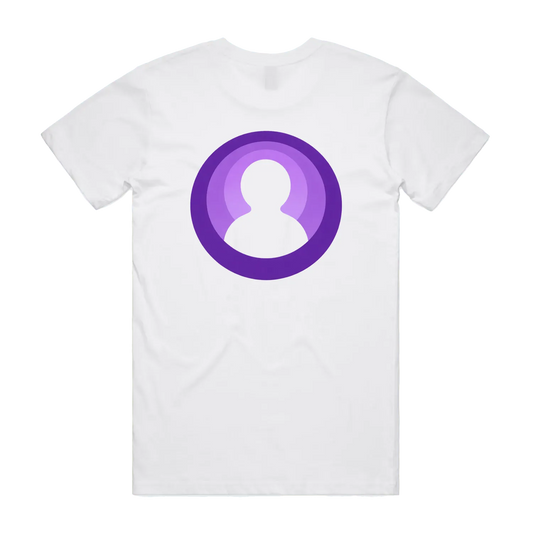 White t-shirt with a purple circle logo featuring a white silhouette on a white background